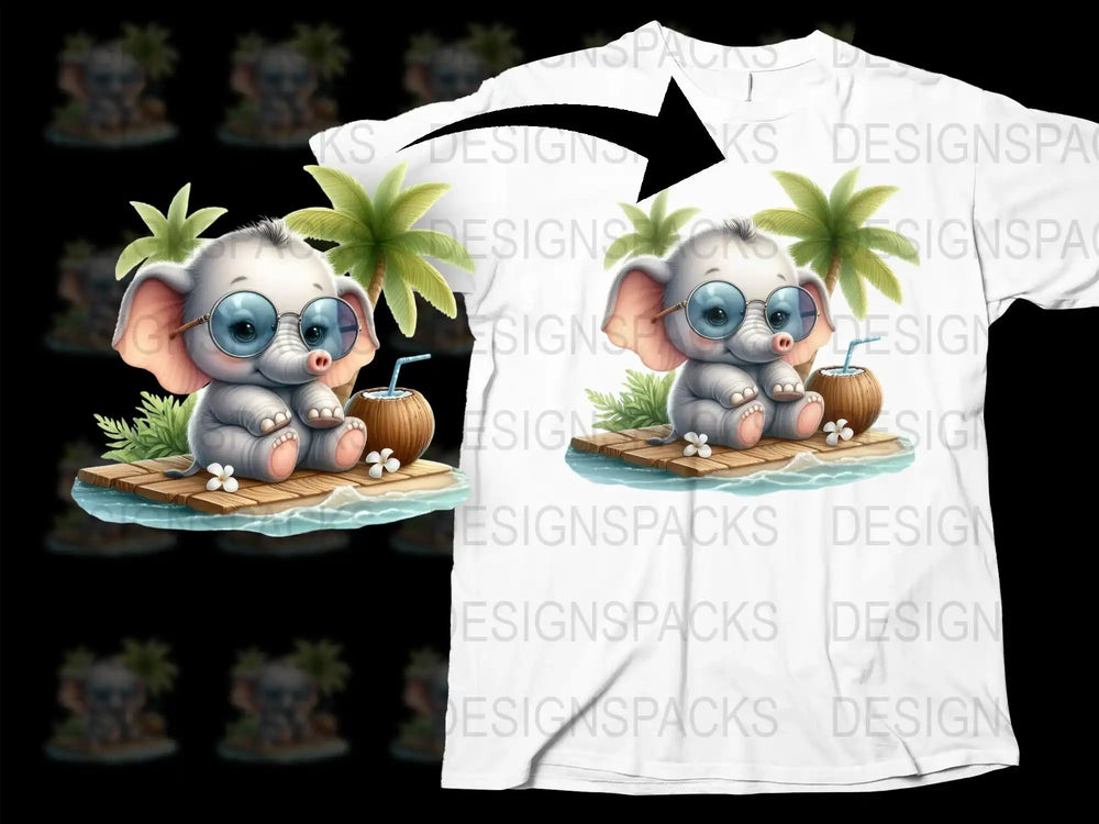 Cute Elephant Graphic T-Shirt, Tropical Island Theme, Kids' Summer Fashion, Unisex White Tee