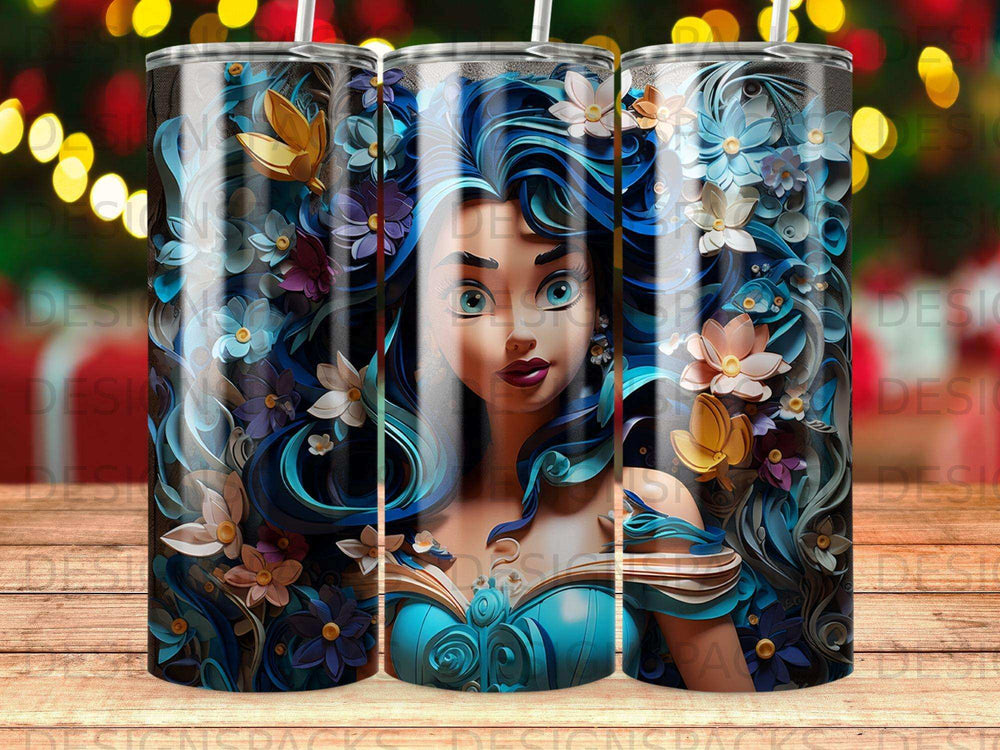 Fantasy woman with flowing blue hair and floral accents on a tumbler.