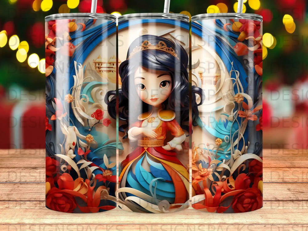 Cartoon princess in ornate dress surrounded by red and blue floral elements.