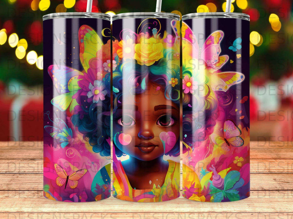 Illustration of a young girl with colorful butterfly wings and floral accents.