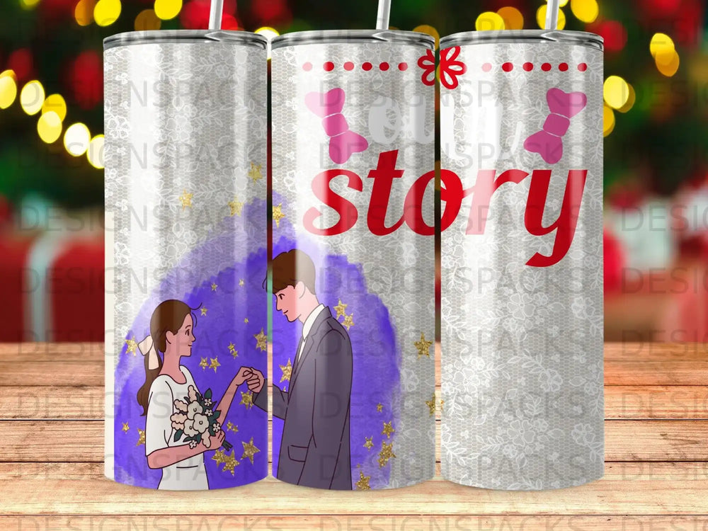 Couple holding hands with "story" text against a patterned background.