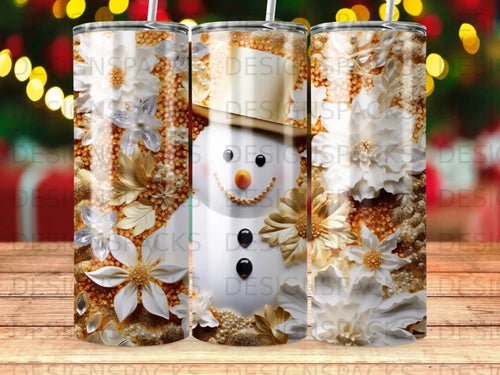 Snowman with gold hat and white and gold floral accents on a festive background.