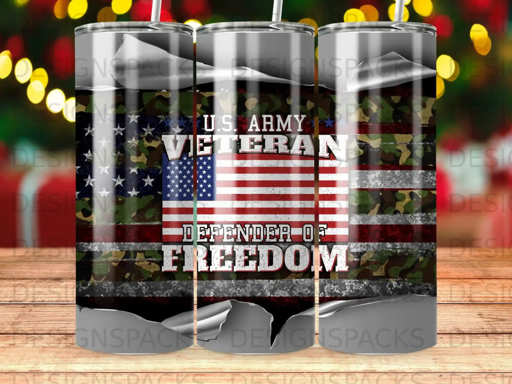 US Army Veteran Defender of Freedom tumbler with camouflage and flag design.