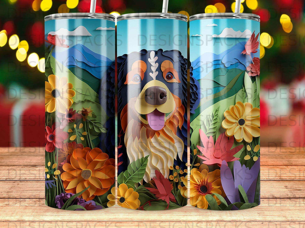 Bernese Mountain Dog surrounded by colorful flowers and mountains.