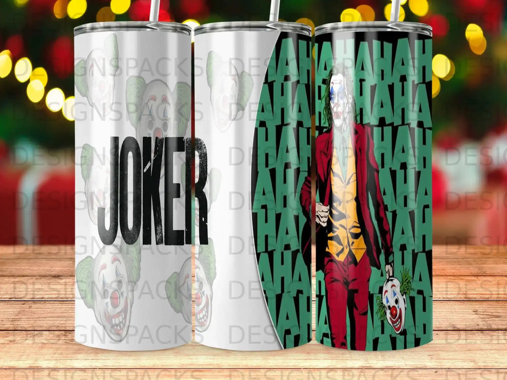 Joker tumbler with repeating "HA HA" pattern and the word "JOKER".