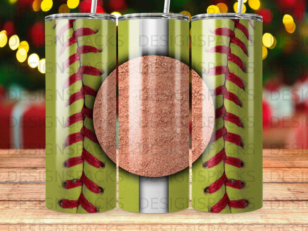 Green tumbler with baseball stitching and a textured circular cutout.
