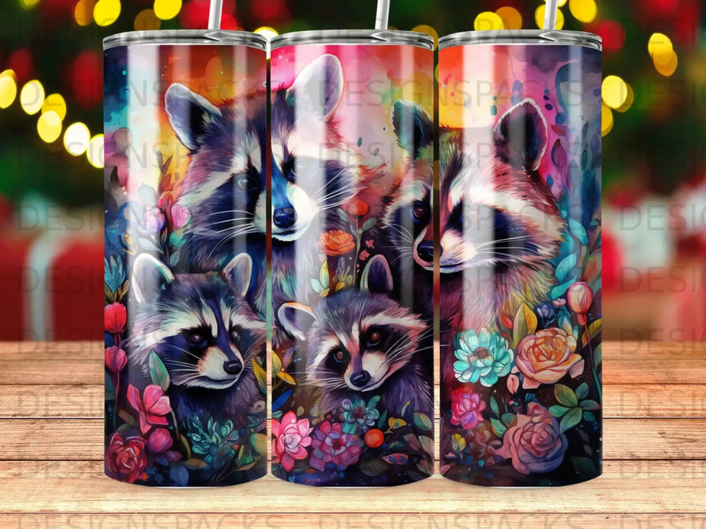 Four raccoons surrounded by colorful flowers and abstract swirls.