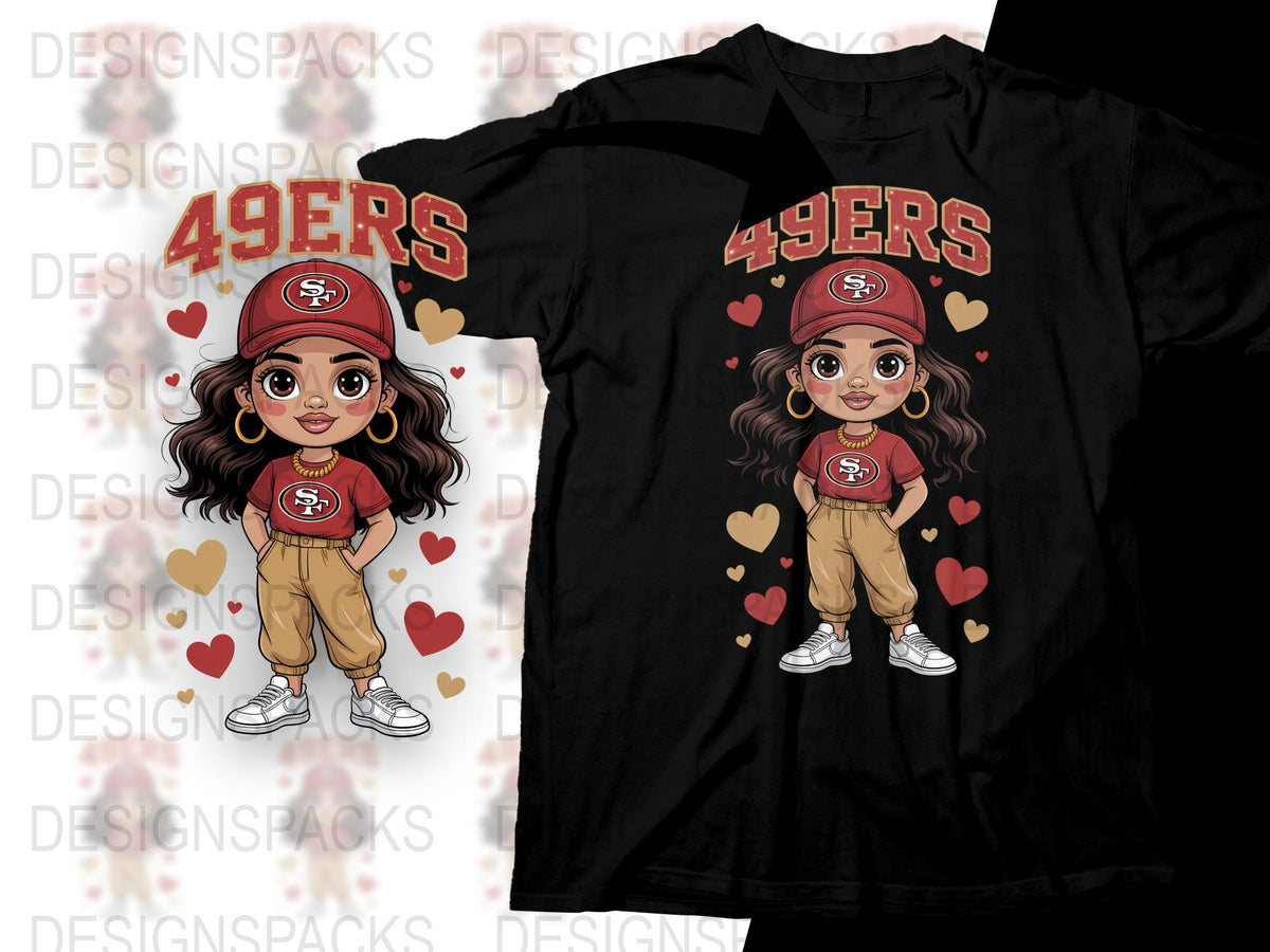 San Francisco 49ers Fan T-Shirt, Cute Cartoon Character, Sports Team Apparel, Heart Design, Kids and Adults Sizes Available