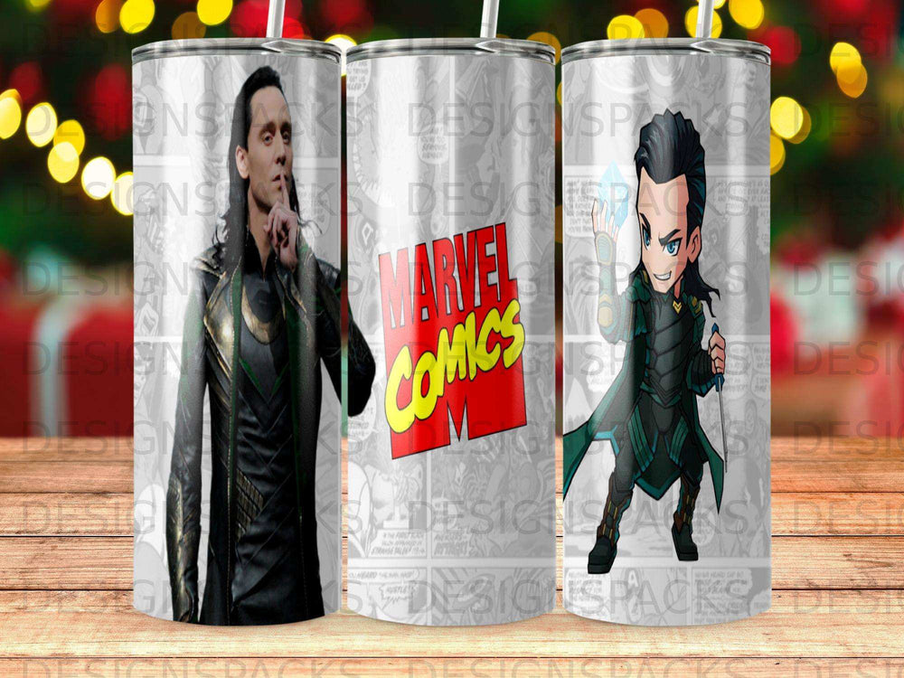Loki in comic book style on a tumbler with "MARVEL COMICS" text.