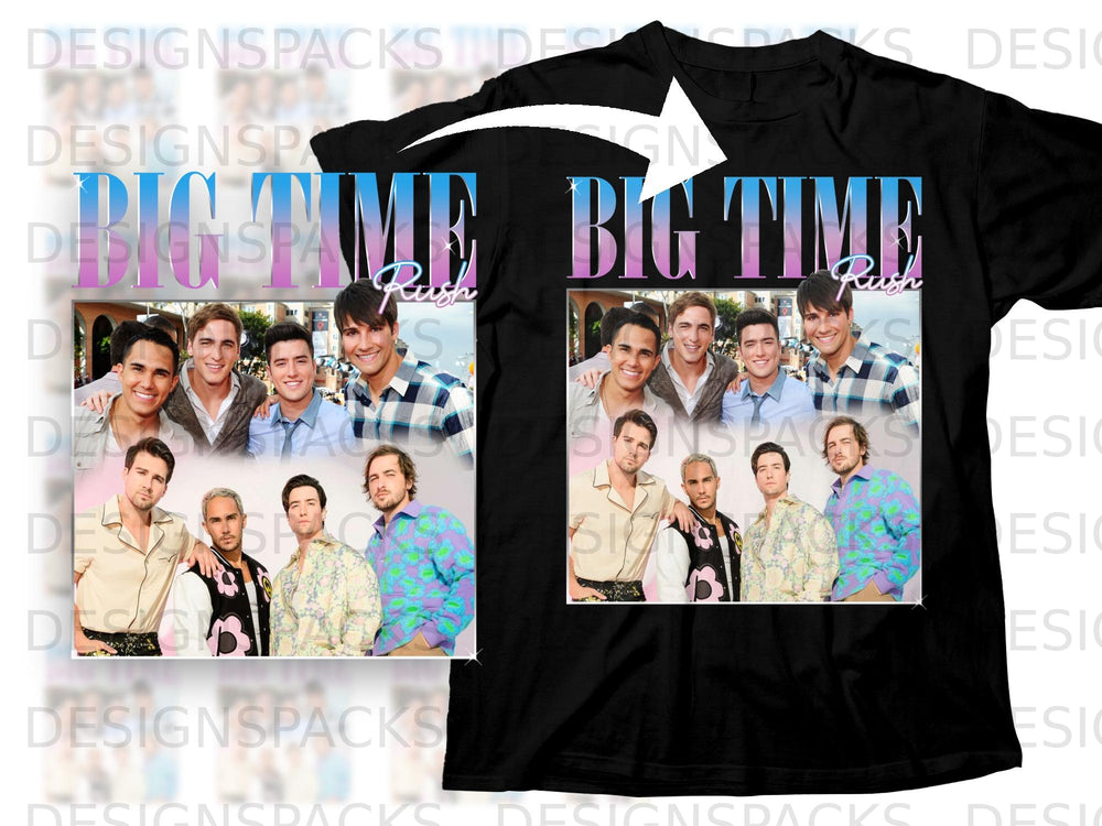 Big Time Rush cast in two stacked photos on a black t-shirt.
