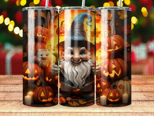 Gnome with pumpkins and candles, festive fall design.