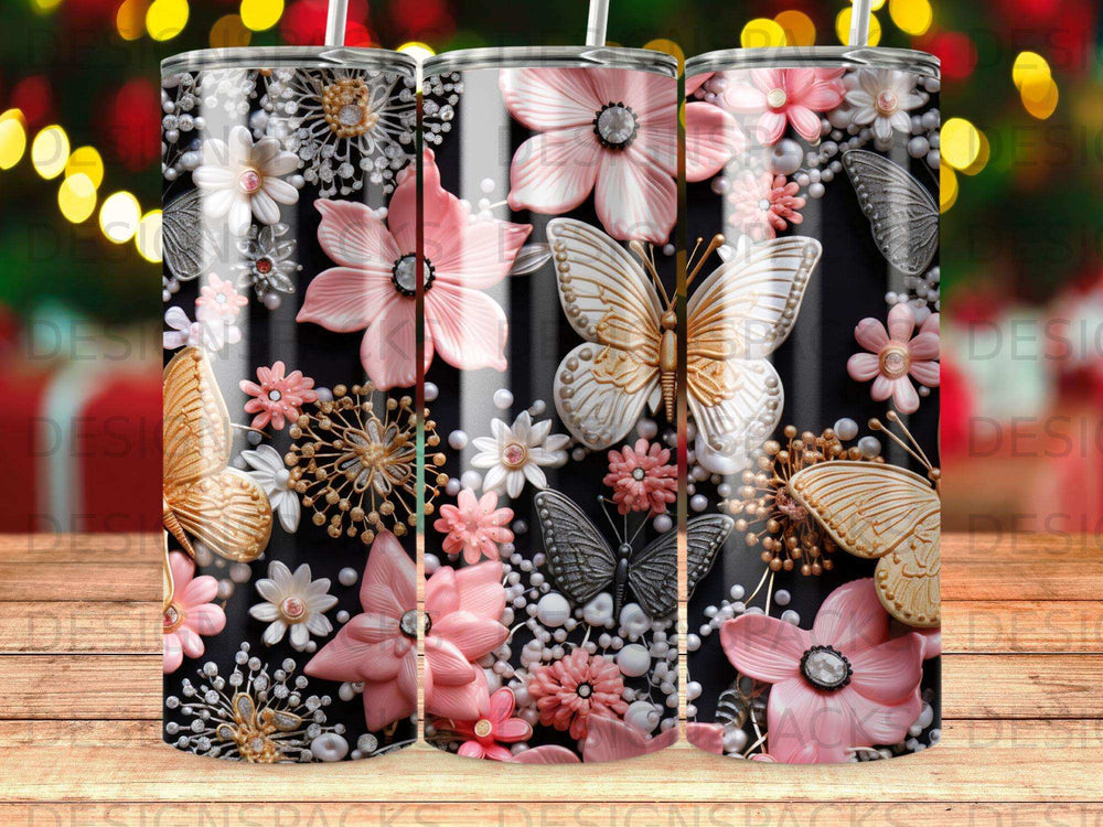 Pink and white flowers with butterflies on a black striped background.