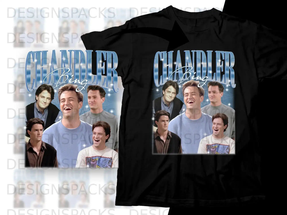 Black t-shirt featuring "Chandler Bing" title with collage of Matthew Perry's character from Friends.