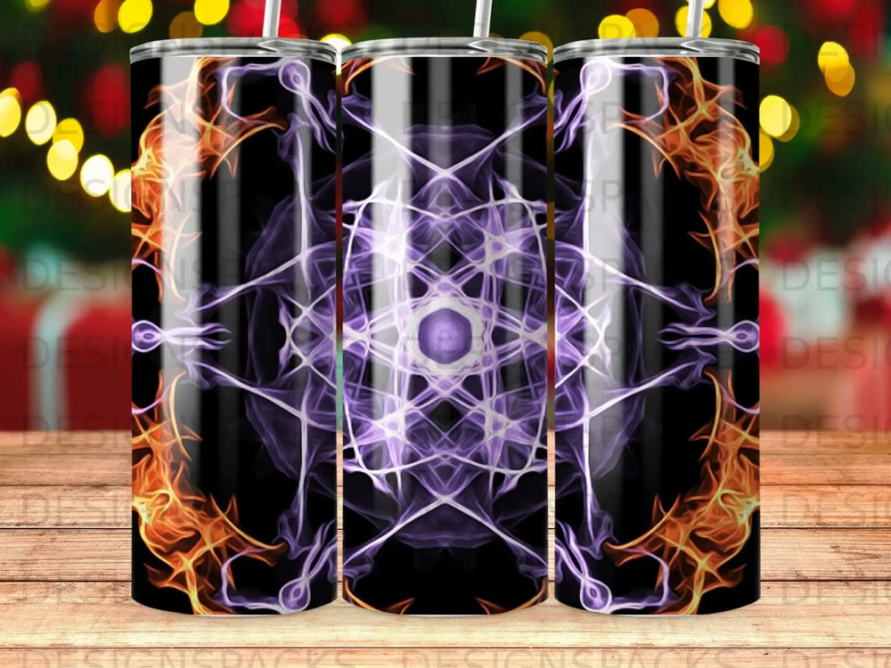 Purple and orange fractal design on a black background tumbler.
