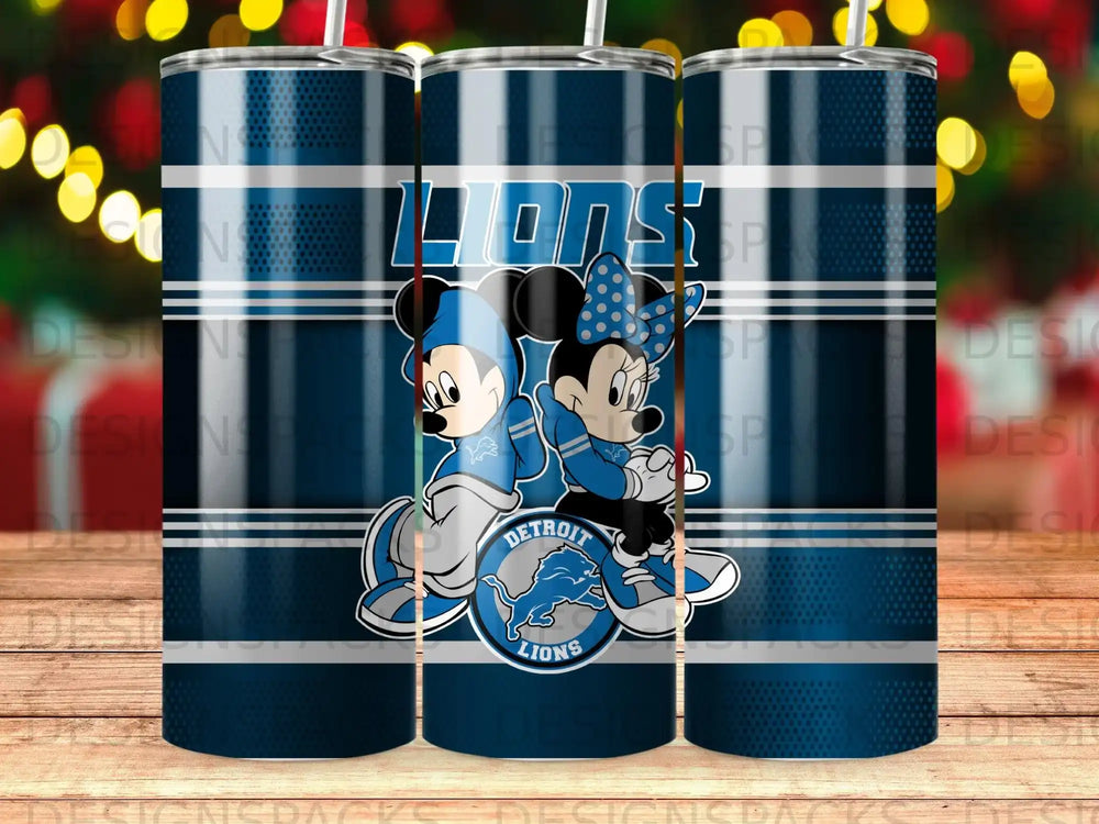 Mickey and Minnie Mouse in Detroit Lions uniforms with team logo.