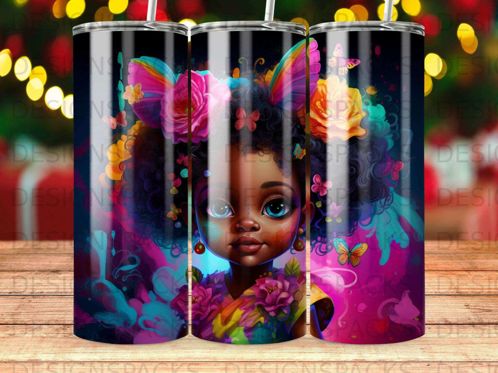 Young Black girl with colorful floral hair accessory and butterflies, on a gradient background.