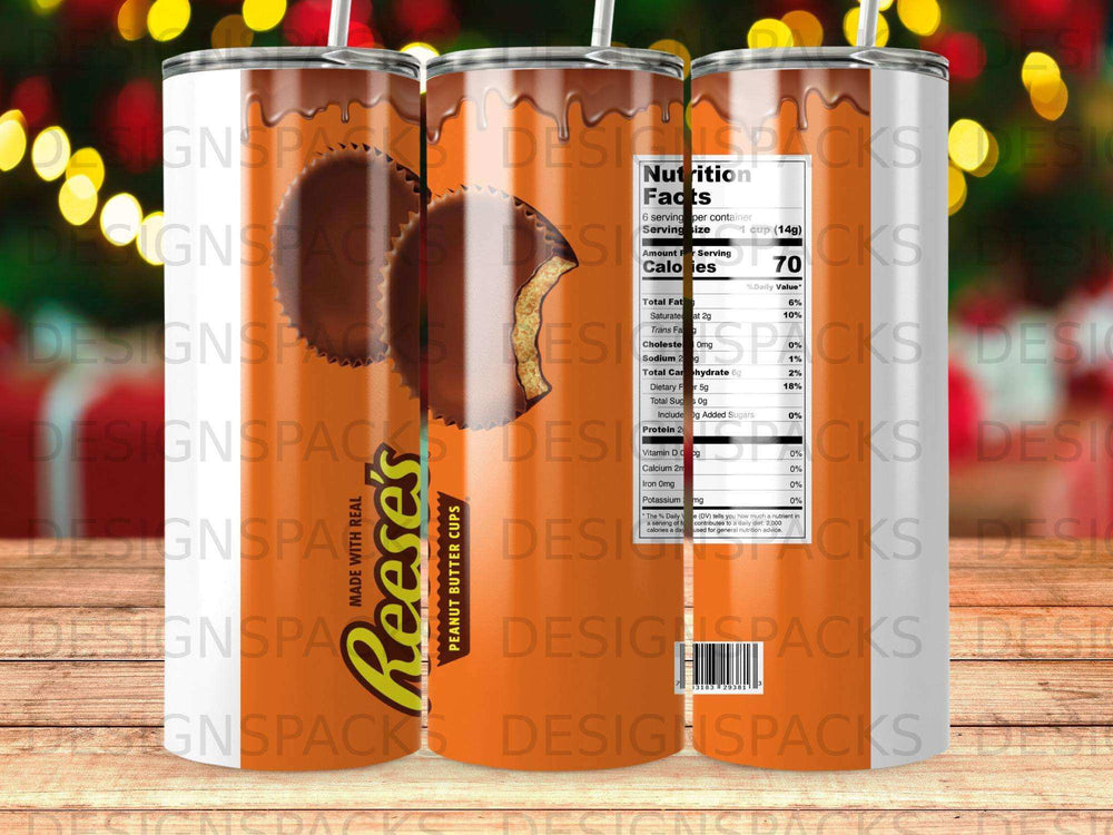 Reese's Peanut Butter Cups nutrition facts label on a tumbler.