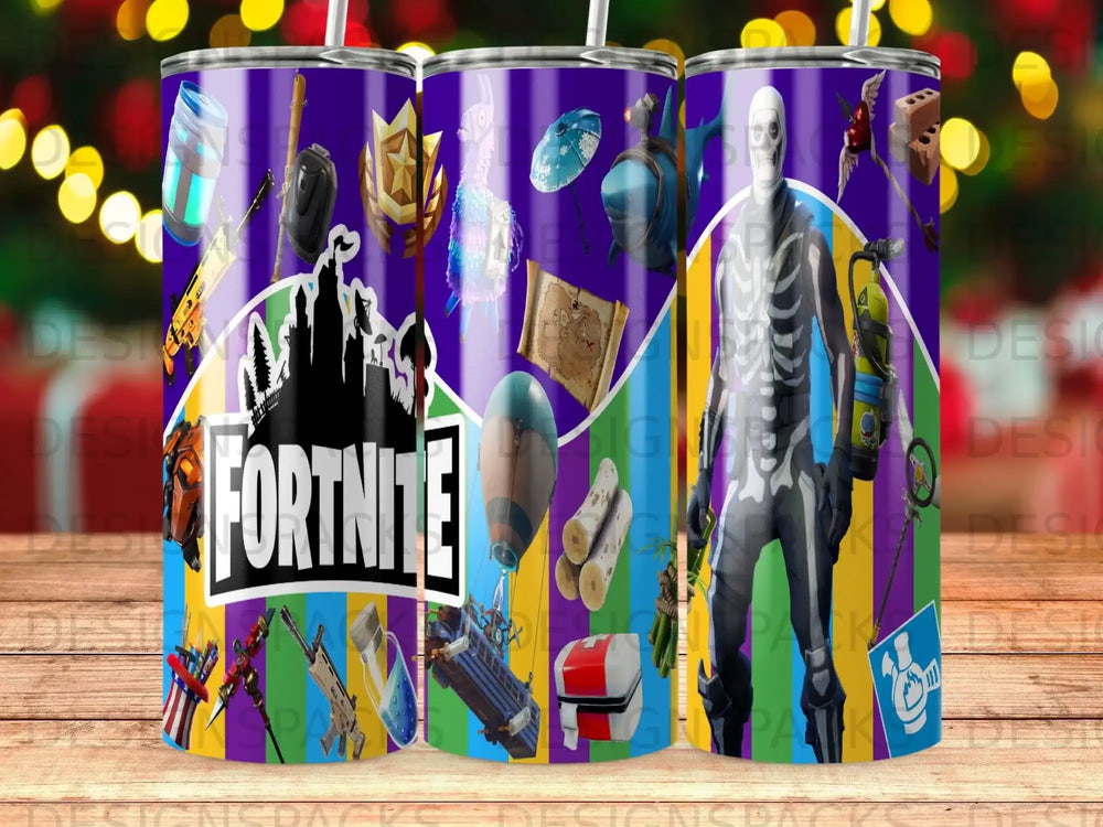 Fortnite characters and game icons on a purple tumbler.