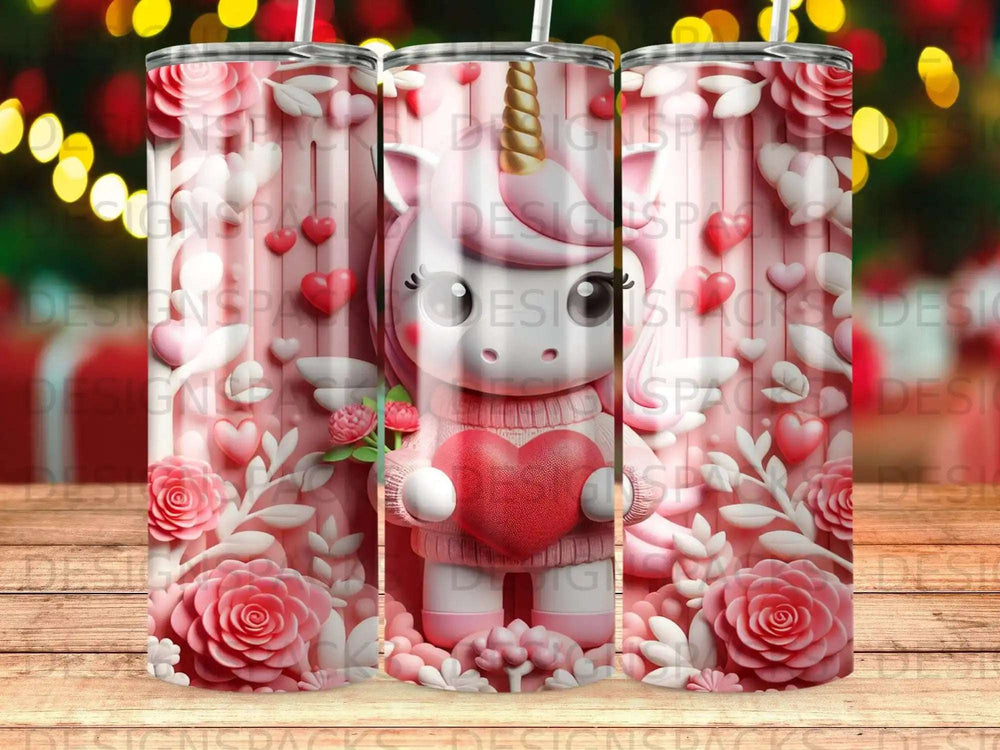 Unicorn holding a pink heart surrounded by roses and hearts.