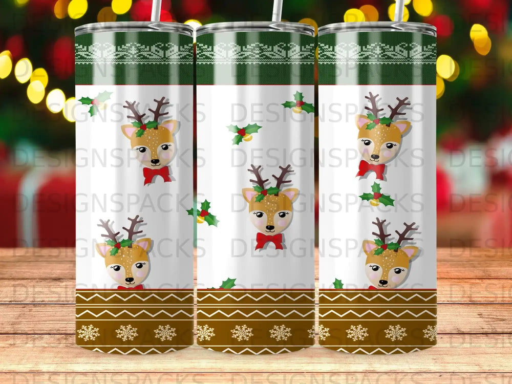 Three tumblers with a cartoon reindeer and festive border design.