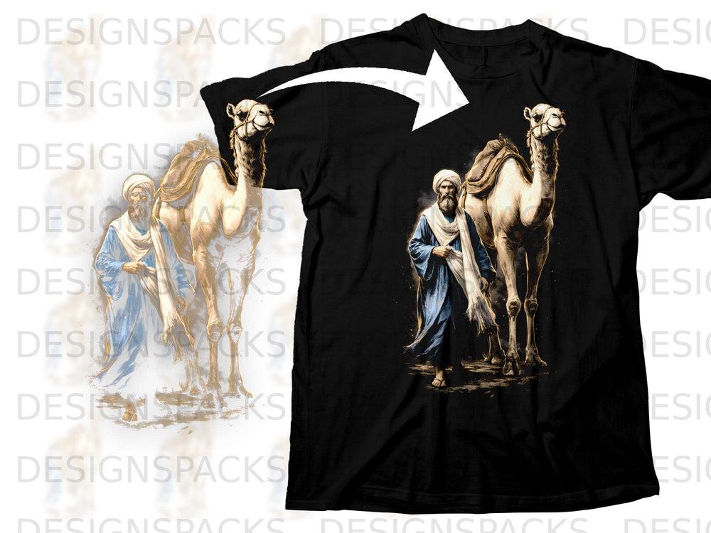 Black t-shirt with an illustration of a man in traditional clothing leading a camel.