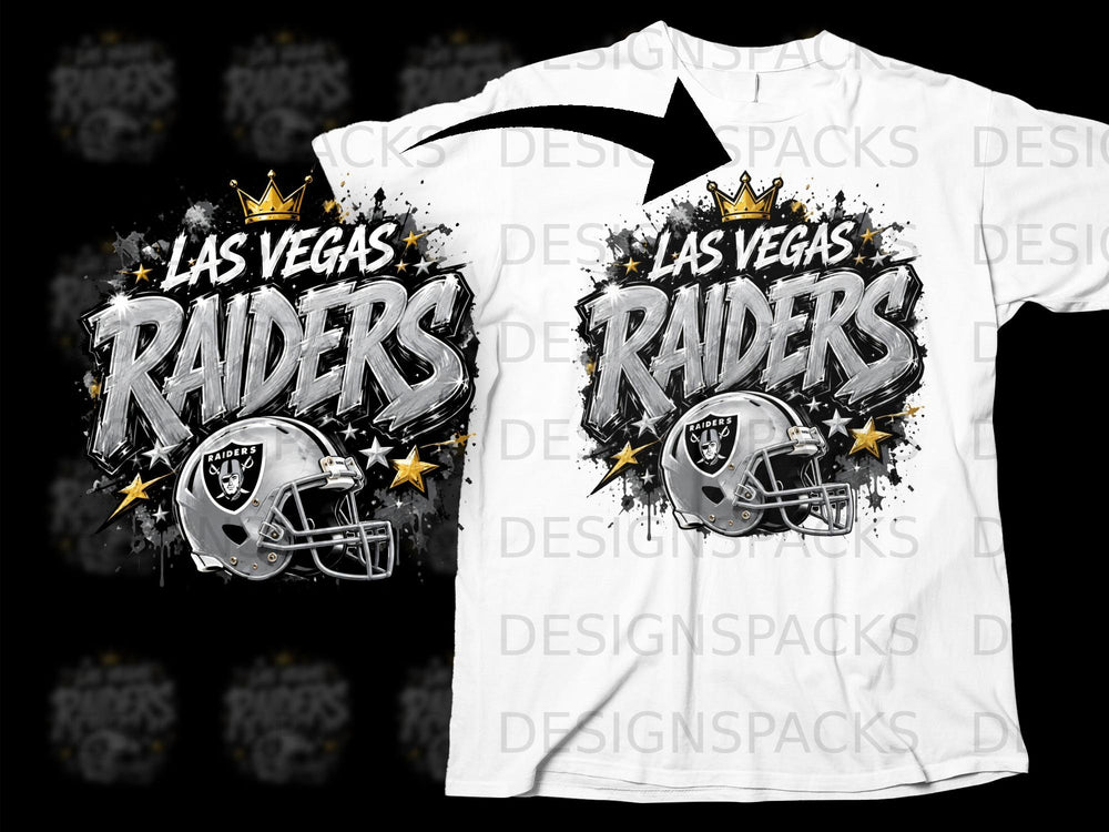 Las Vegas Raiders graphic with helmet and crown on white t-shirt.
