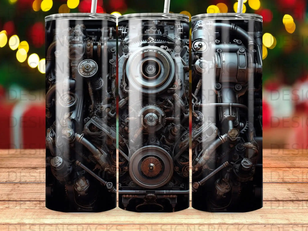 Detailed, dark steampunk mechanical design with gears and pipes on a tumbler.
