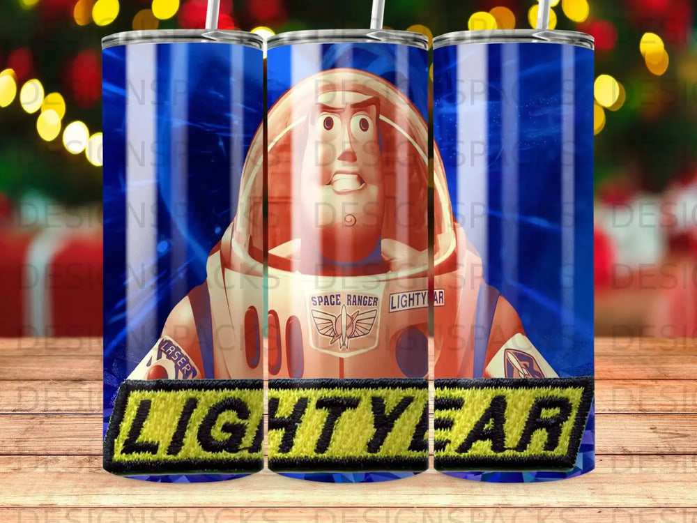Buzz Lightyear and "Lightyear" logo on blue speckled background.