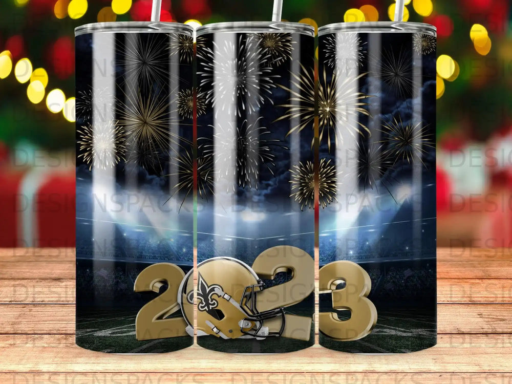 New Orleans Saints 2023 tumbler with fireworks and stadium background.