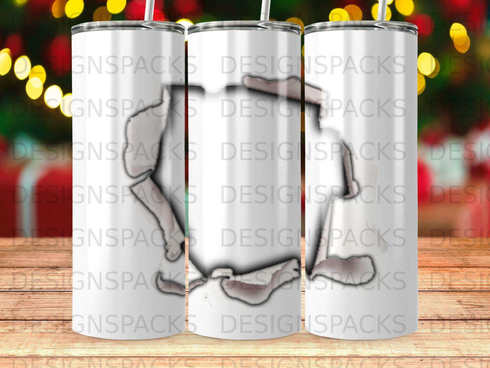 White tumbler with ripped paper texture and subtle red accents.