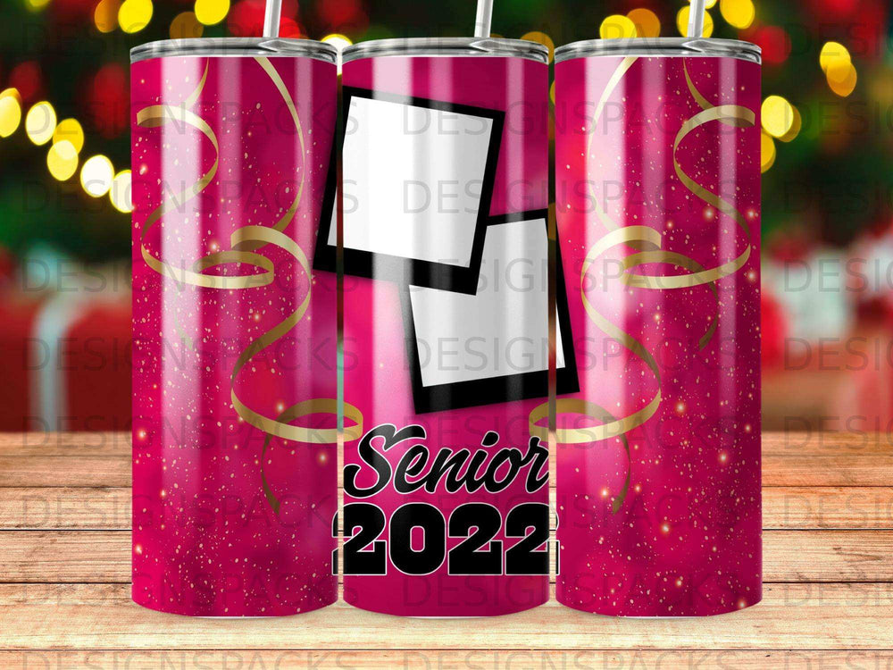Senior 2022 tumbler with glitter and ribbon graphics