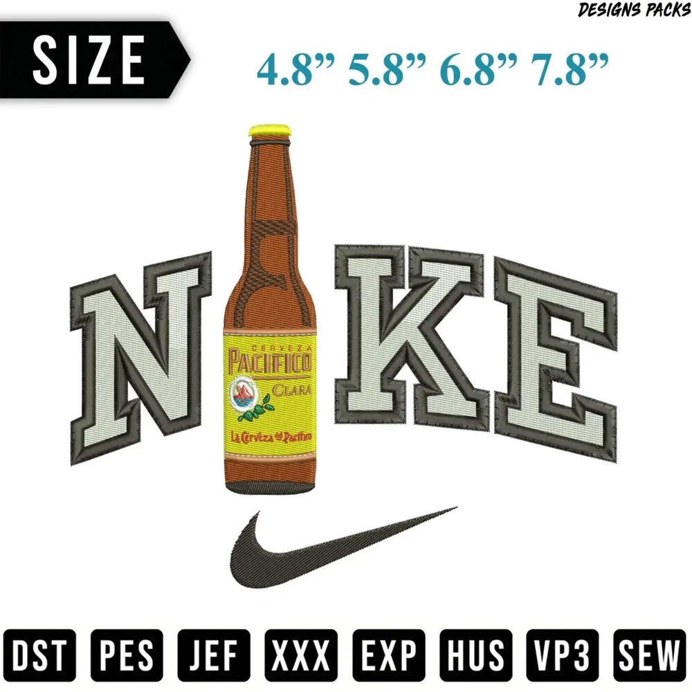 Nike logo embroidered on a Pacifico beer bottle with size options.
