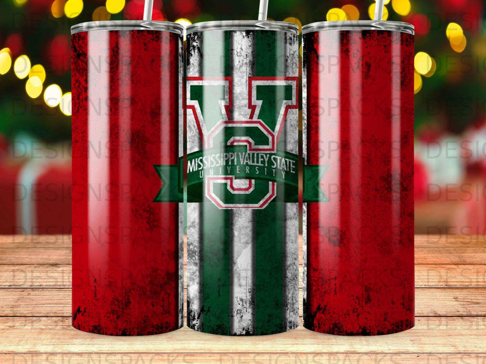 Three tumblers with Mississippi Valley University logo and distressed red and green background.