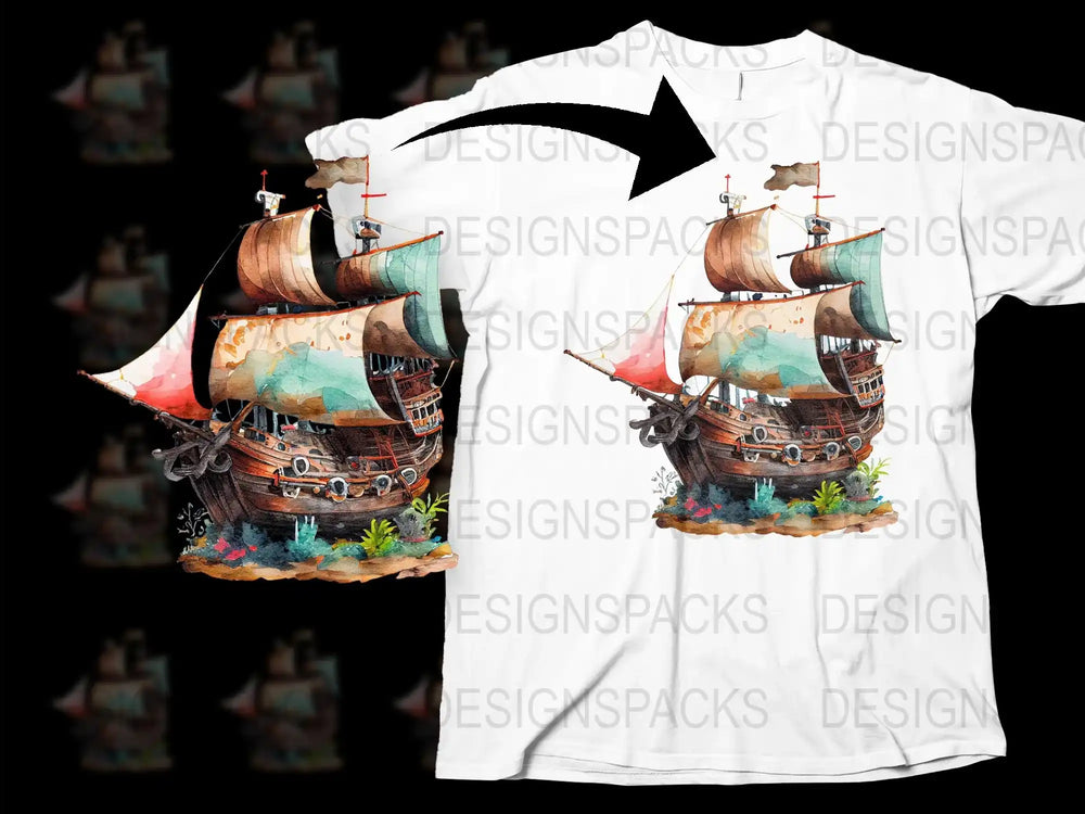 Vintage Pirate Ship Graphic T-Shirt, Nautical Adventure Tee, Colorful Boat Illustration, Ocean Theme Top