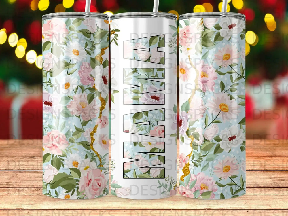 Mama tumbler with floral design and gold accents.