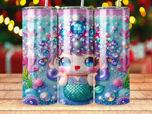 Mermaid with sparkly scales and seashell accessories against a blue, bubbly background.