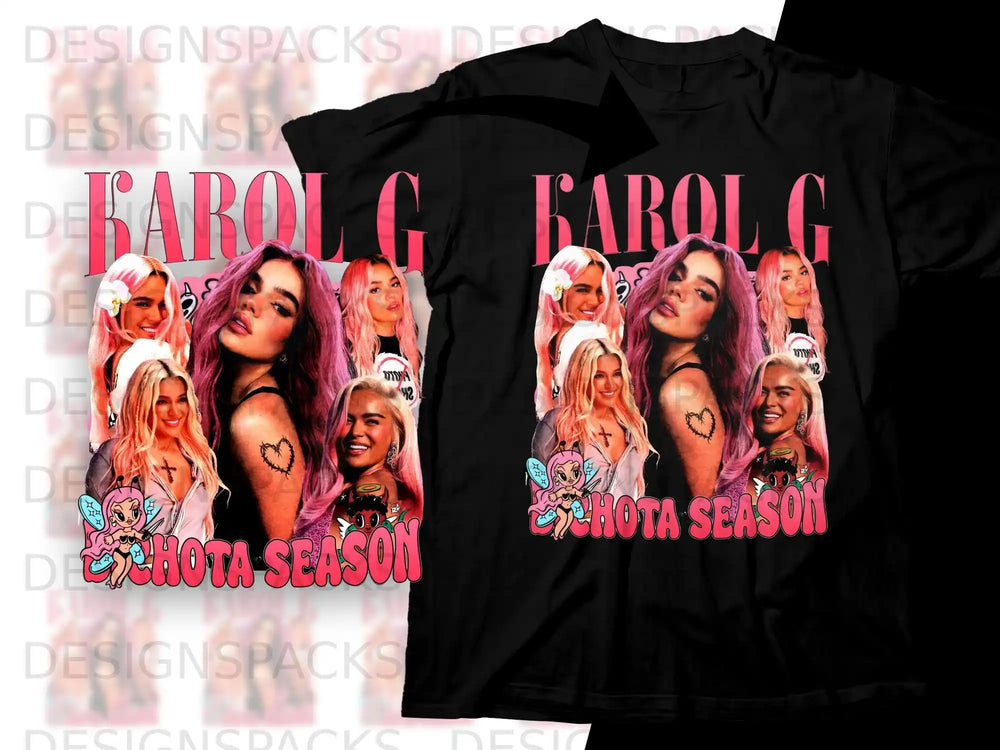 Karol G " Bichota Season" t-shirt featuring collage of artist's photos.