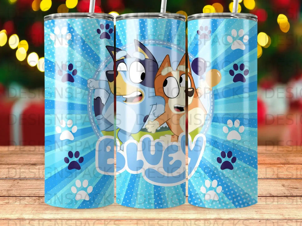 Bluey and Bingo characters with paw prints on a blue striped background.