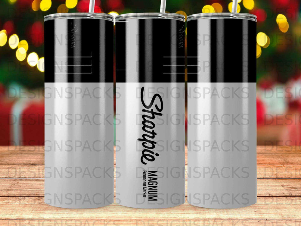 Three black and silver Sharpie permanent markers with white lids.