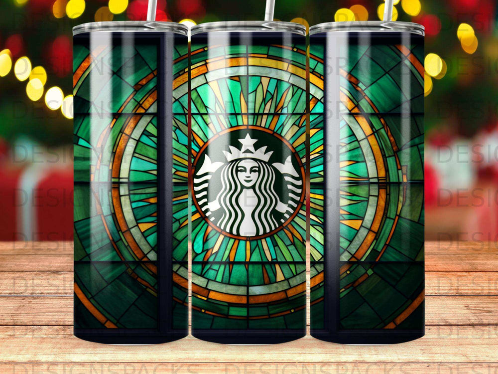 Starbucks logo on a stained glass pattern tumbler.