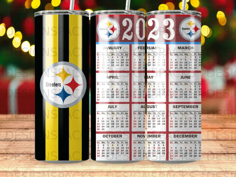 Pittsburgh Steelers 2023 calendar featuring monthly grids and team logo.