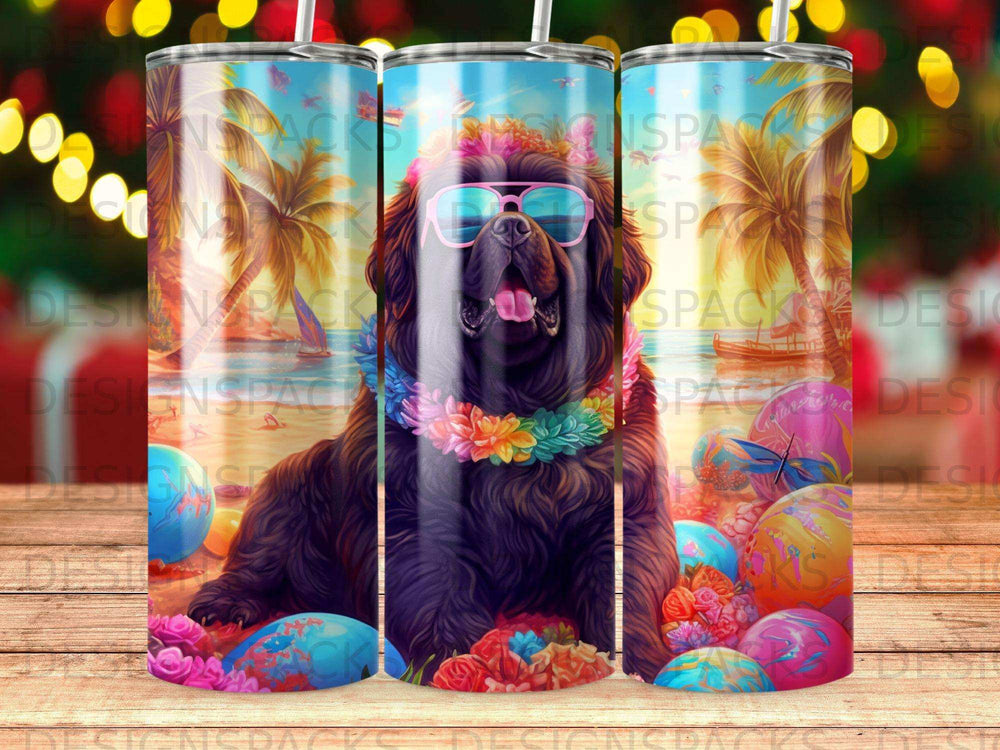 Black dog wearing sunglasses and a lei, seated with Easter eggs and palm trees.