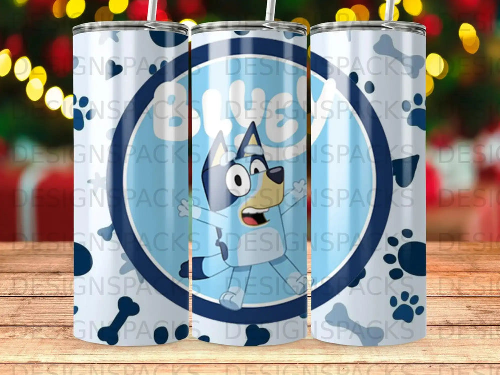 Bluey character on a tumbler with "Designspacks" watermarked.