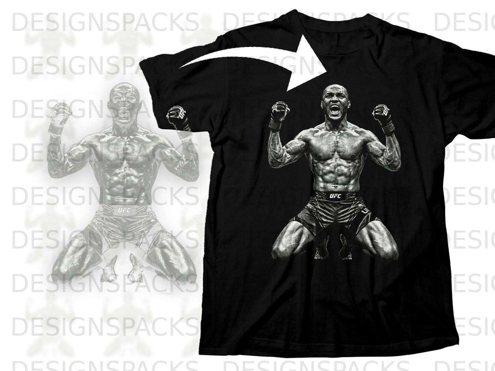 Black t-shirt with a graphic of a fighter in UFC shorts and gloves.