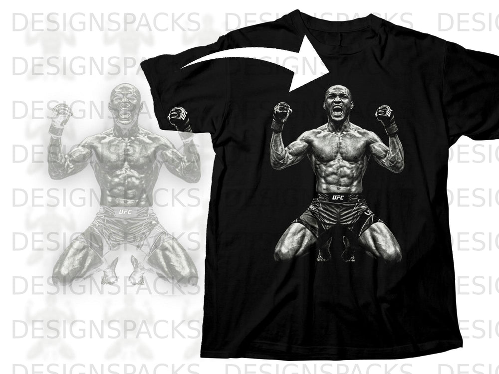 Black t-shirt with a graphic of a fighter in UFC shorts and gloves.