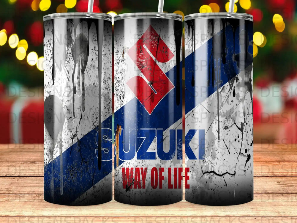 Suzuki Way of Life logo on a black and white splatter-painted tumbler.