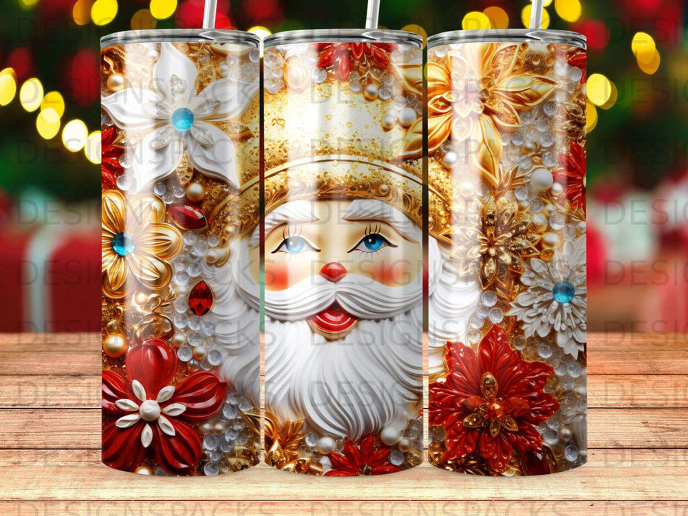 Santa Claus with ornate floral and jewel decorations on a tumbler.