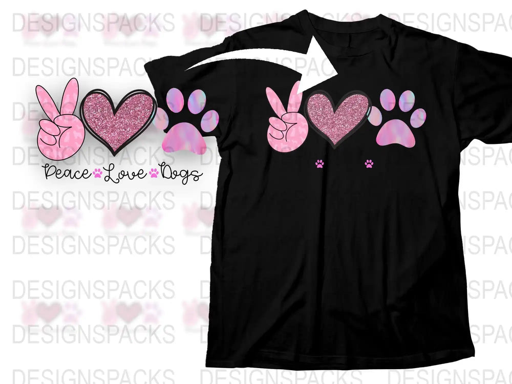 Women's Black T-Shirt with Pink Glitter Heart and Peace Sign Design, Cute Bunny Paws Graphic Tee