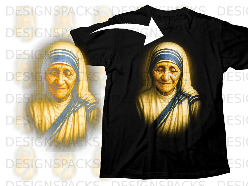 Black t-shirt featuring a painted portrait of Mother Teresa with a halo effect.