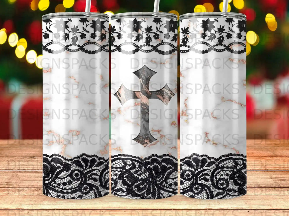 Black lace and cross design on a patterned tumbler with watermarks.